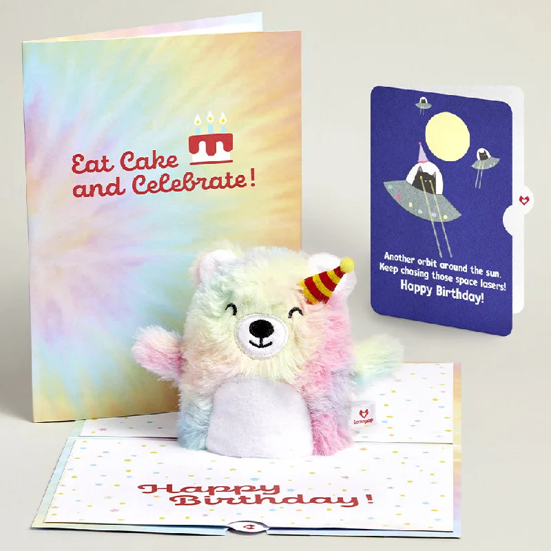 Rainbow Bear with Space Laser Cats Birthday Plushpop Card and Sentiment Set