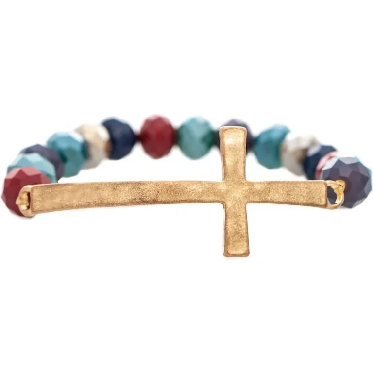 Rain : Gold Side Cross Multicolor Glass Bead Bracelet