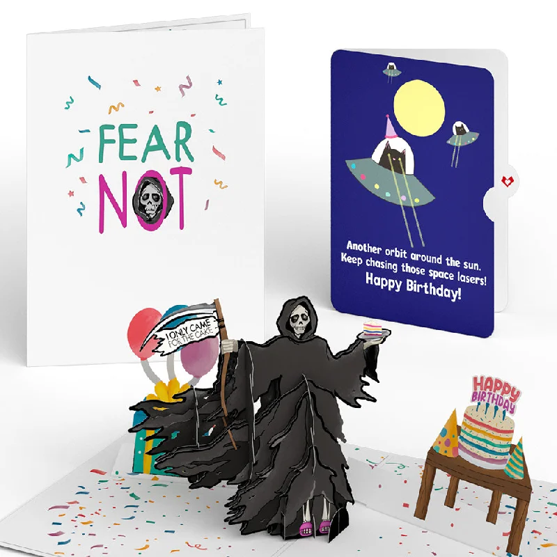 Grim Reaper Dark Humor Birthday with Space Laser Cats Pop-Up Card and Sentiment Set