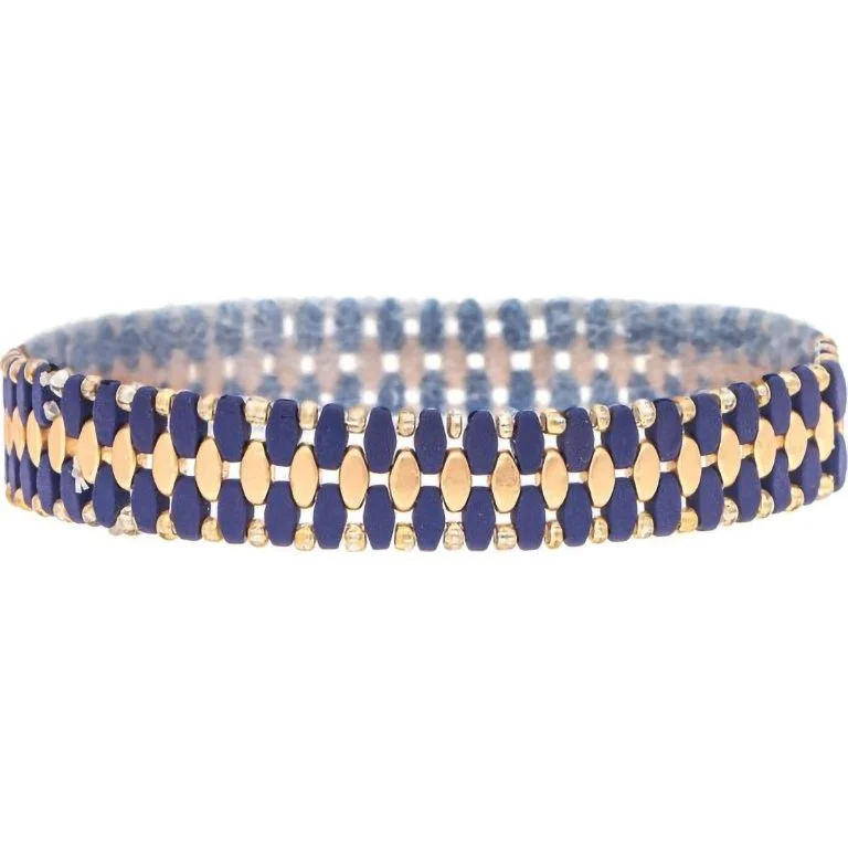 Rain : Gold Dark Blue Woven Bead Band Bracelet