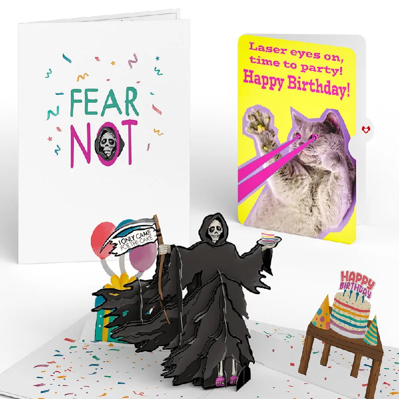 Grim Reaper Dark Humor Birthday with Cat Laser Eyes Pop-Up Card and Sentiment Set