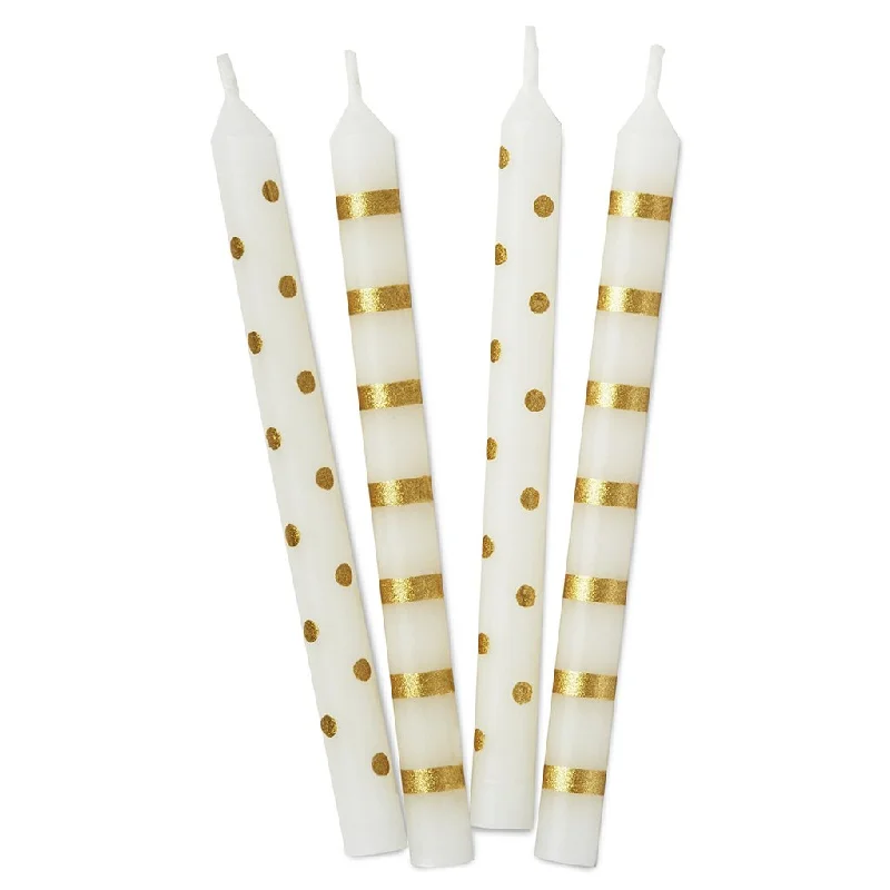 Hallmark : Gold Stripes and Polka Dots on White Birthday Candles, Set of 16