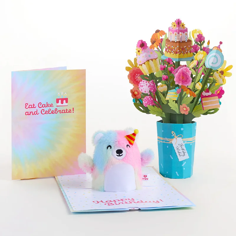 'Eat Cake and Celebrate' Birthday Plushpop Card and Bouquet Bundle