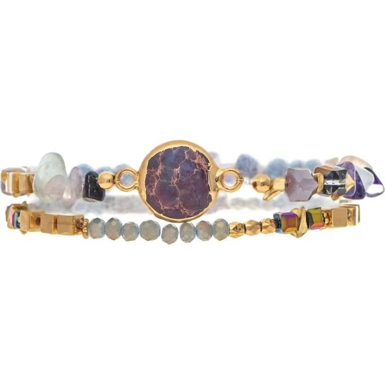 Rain : Gold Purple Glass Square Bead Bracelet Set