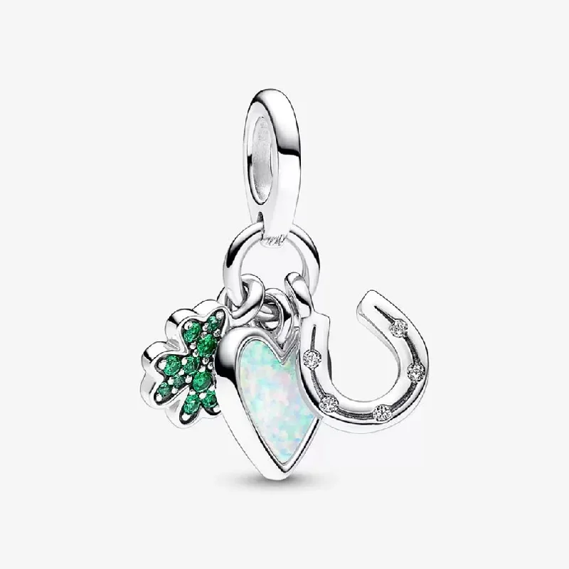 PANDORA : Four Leaf Clover, Heart and Horseshoe Triple Dangle Charm