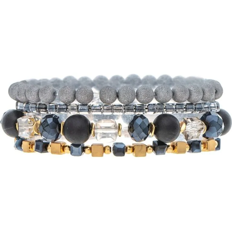 Rain : Gold Black Grey Glass Bead Four Piece Bracelet Set