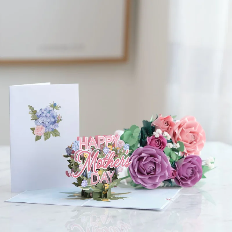 Handcrafted Paper Flowers: Pink & Purple Roses (6 Stems) with Happy Mother's Day Pop-Up Card