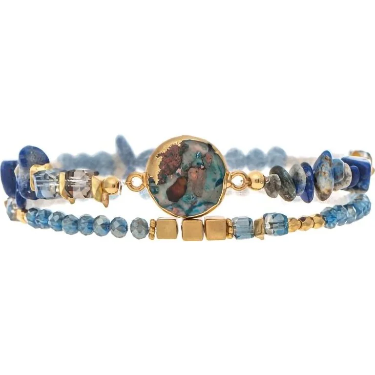 Rain : Gold Blue Glass Square Bead Bracelet Set