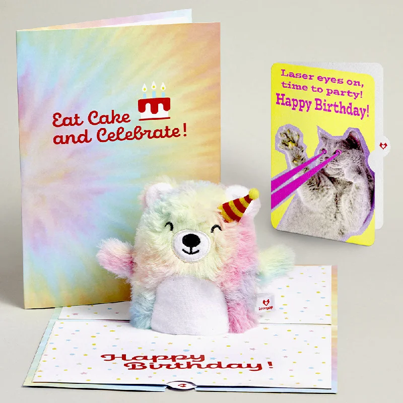 Rainbow Bear with Cat Laser Eyes Birthday Plushpop Card and Sentiment Set