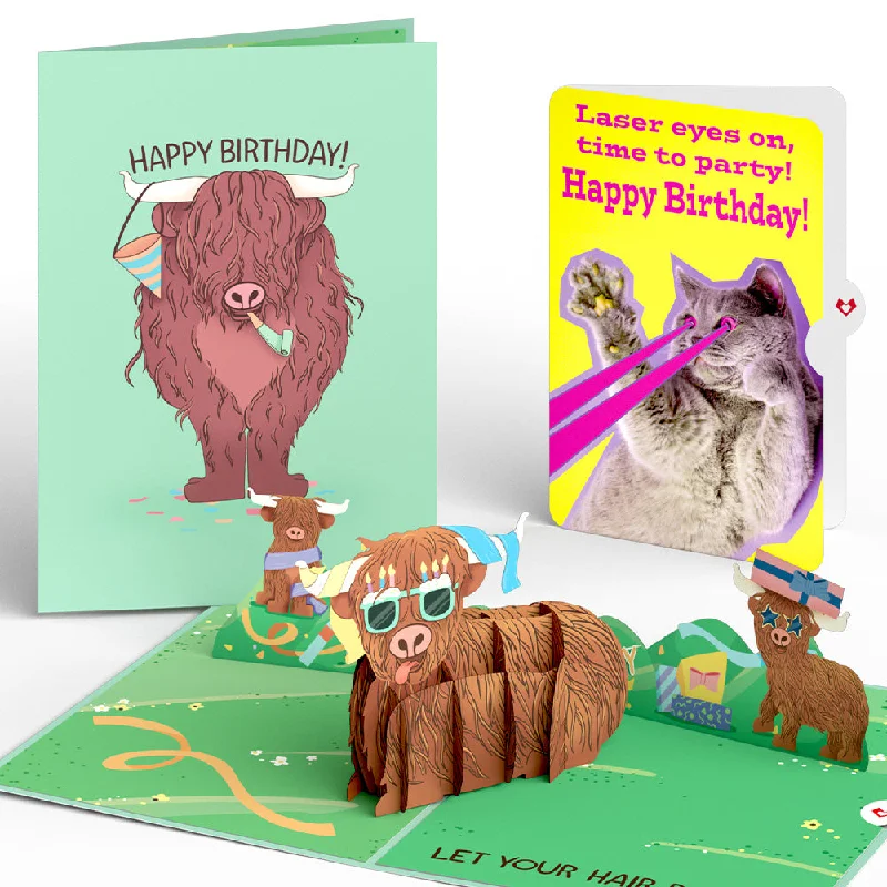 Highland Cow with Cat Laser Eyes Birthday Pop-Up Card and Sentiment Set