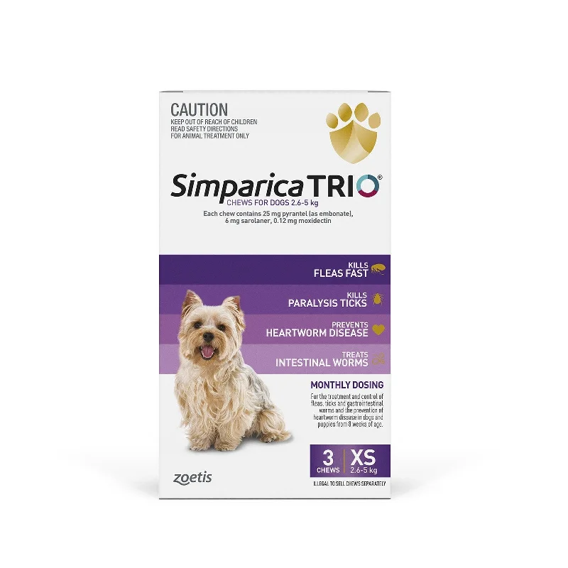 Simparica Trio Flea Tick and Worming Chews for Extra Small Dogs Purple 3 Pack